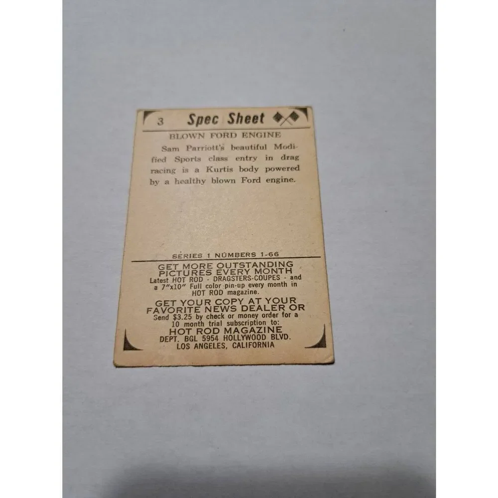 Vintage 1965 Hot Rod Magazine Spec Card #3 Blown Ford Engine Sam Parriott